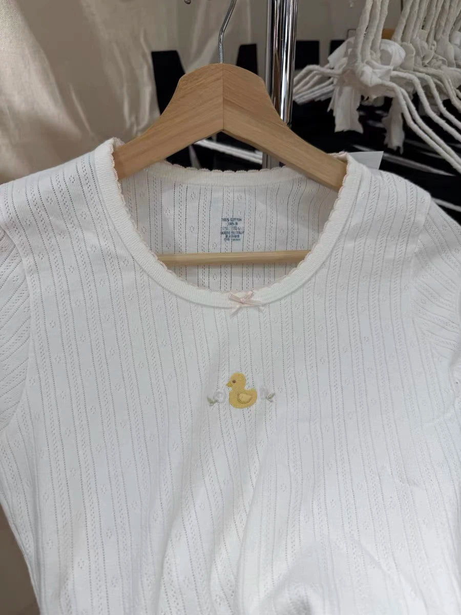 Duck Bow Eleyet Crop Tops Women Summer Cotton O-neck Casual Short Sleeve Tees Vintage Basic Streetwear T-shirts Y2K