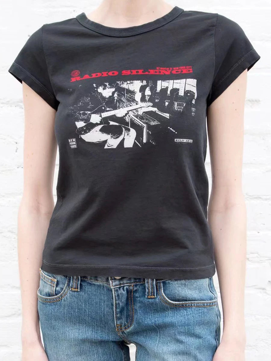Guitar Print Slim T-shirts Women Summer New Classic O-neck Streetwear Soft Cotton Short Sleeve Tees Female Vintage Chic Y2K Tops