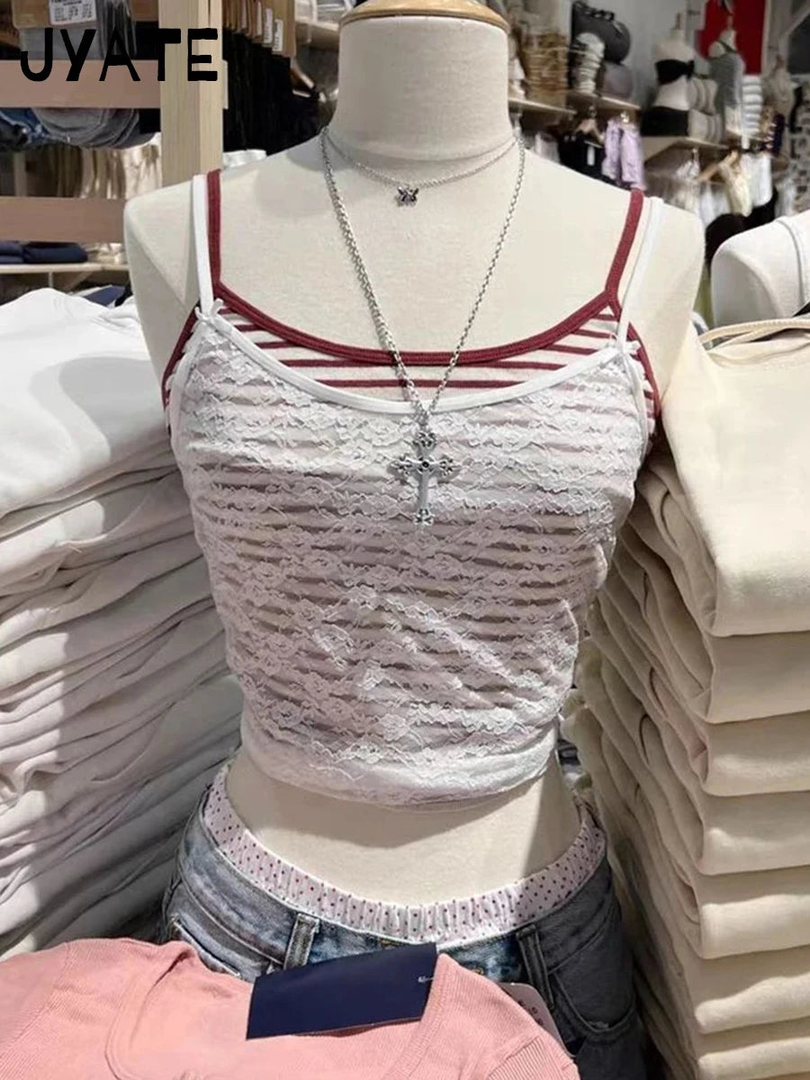 White Bow Lace Sheer Slim Tank Tops Women Summer New Sexy All-match Smock Preppy Style Crop Top Sweet Cute Y2K Camisole Clothes