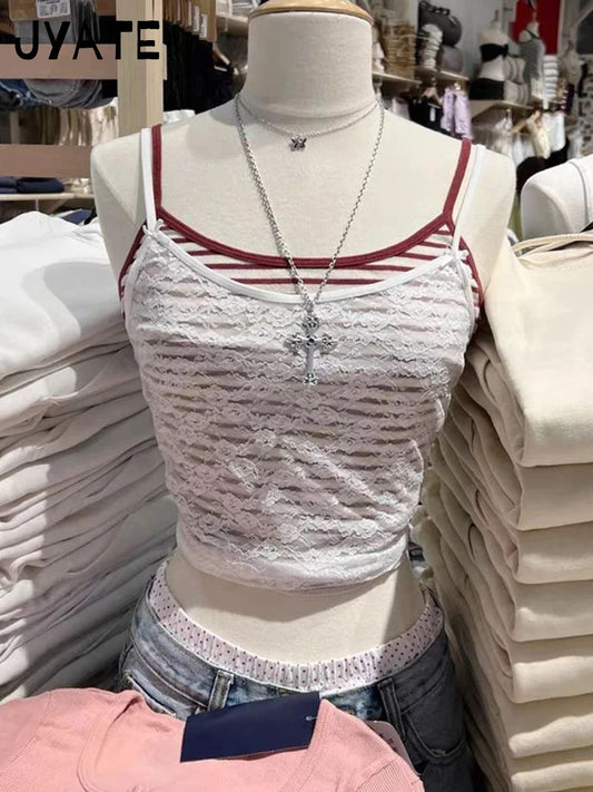 White Bow Lace Sheer Slim Tank Tops Women Summer New Sexy All-match Smock Preppy Style Crop Top Sweet Cute Y2K Camisole Clothes