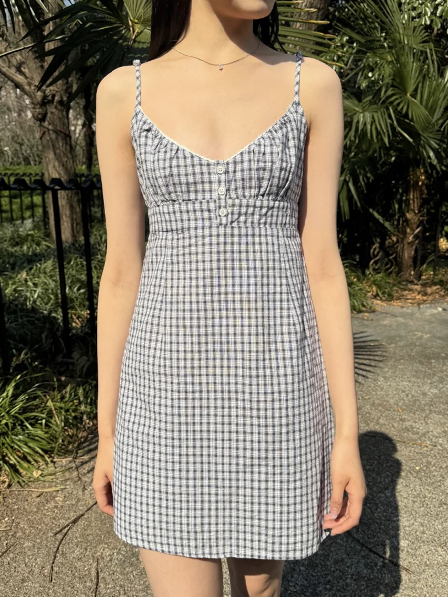 Red Plaid V-neck Mini Dress Women Summer Casual Buttons Lace Trim A-line Short Vestidos Vintage Sweet Preppy Style Y2K Dresses