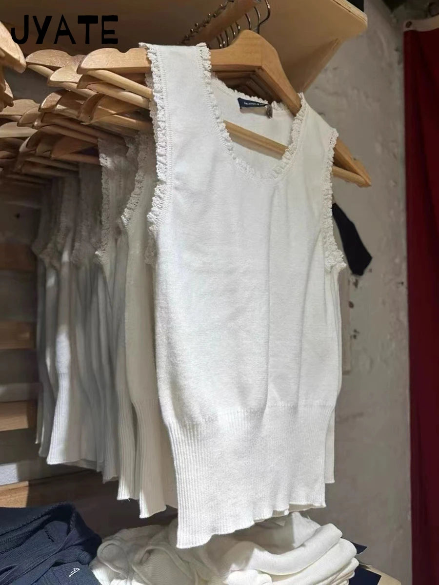 Sweet White Fungus Trim Knitted Tank Tops Women Cotton Soft Round Neck Slim Sleeveless Vests Vintage Simple Casual Crop Top Y2K