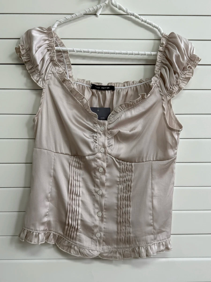 Collection Folds Blouse Tees Women Casual Single Breasted Ruffle Sleeveless Tank Tops Sweet Vintage Preppy Style Camisole Y2K