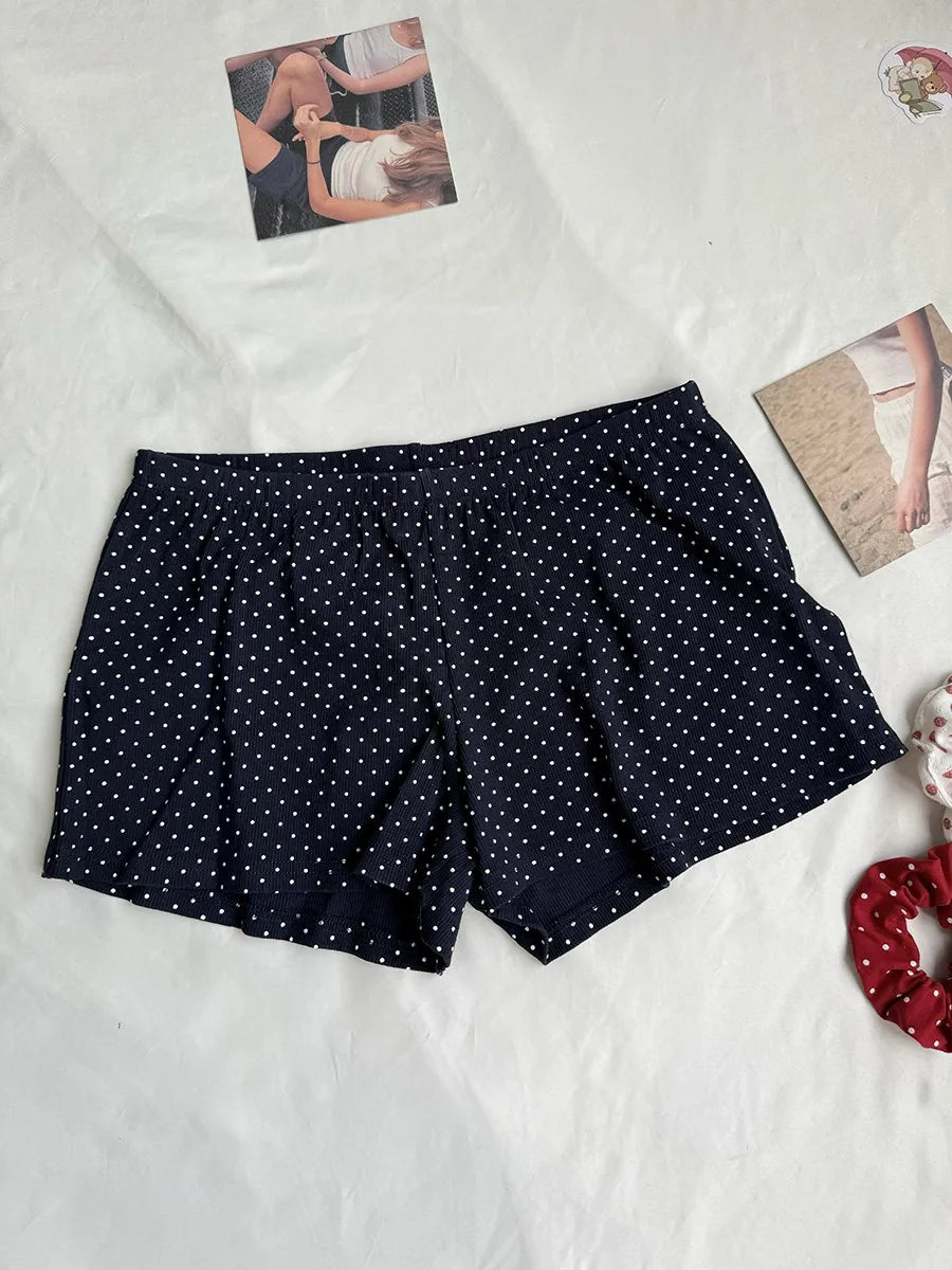 Vintage Navy Dot Ribbed Shorts Sets Women Casual Sleeveless Crop Tank Top+Shorts Sweet Cute Home Cozy Slim Two-piece Set