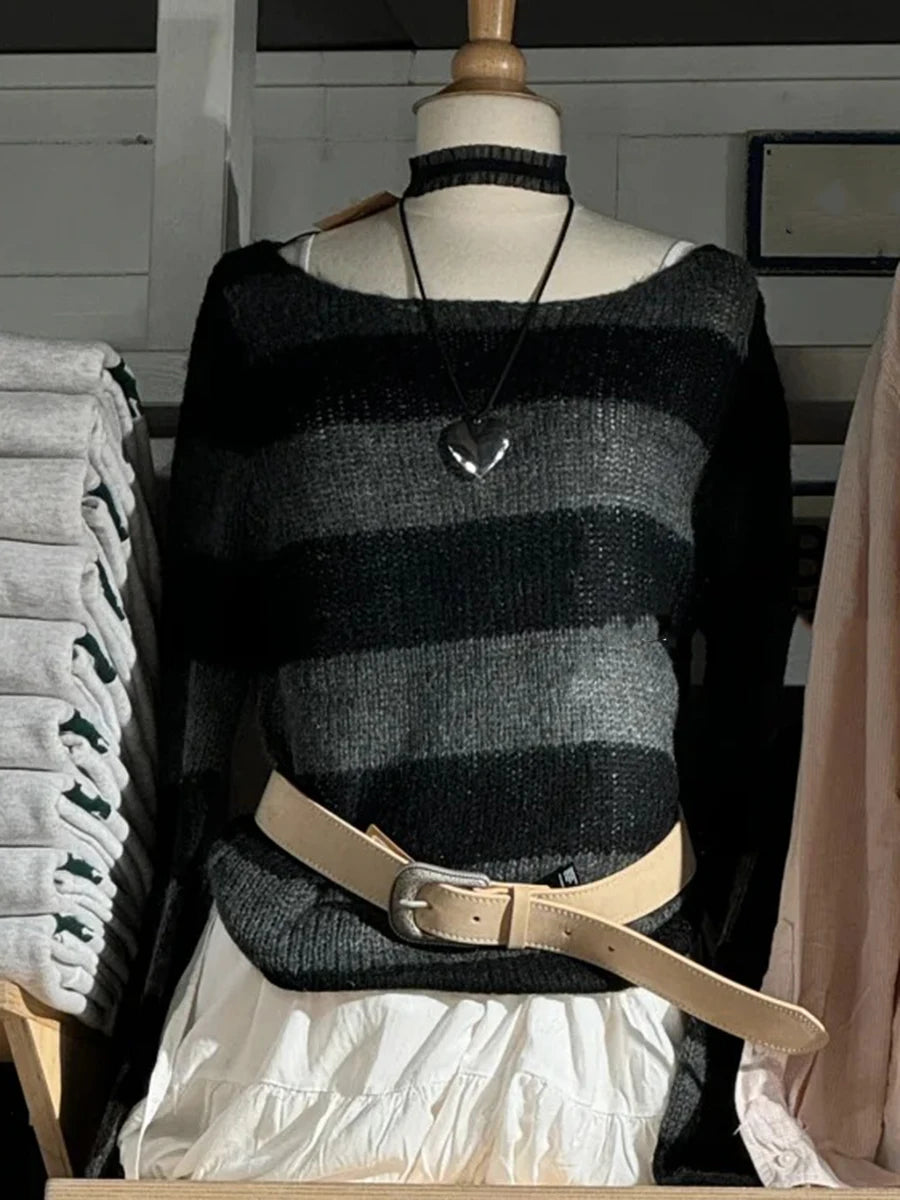 Striped Knitted Long Sleeve Woman Scoop Neck Cotton Thin Smock Autumn Casual Vintage Streetwear Tee Shirts Y2k Tops New Clothes