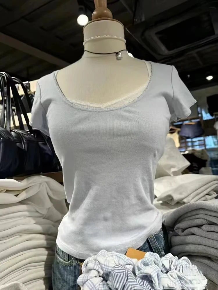 Sweet Crew Neck Solid Short Sleeve Tees Women Summer New Cotton Soft Casual Streetwear Chic Tops Vintage Cute Harajuku T-shirts