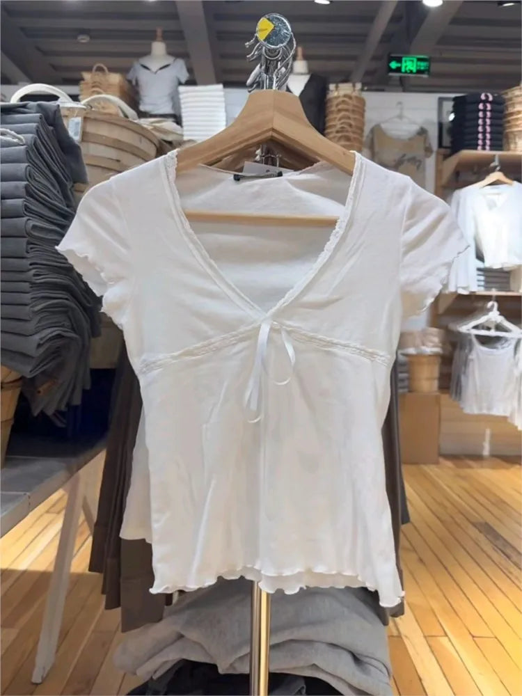 White Lace Trim Slim T-shirt Woman Summer Bow V-neck Fungus Short Sleeve Tee Shirts Female Causal Simple Sweet Cotton Crop Tops