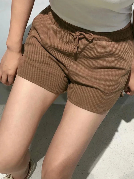 Fashion Brown Waffle Loose Shorts Women Summer Retro Drawstring Elastic High Waist Sports Short Casual Vintage Chic Short Pants