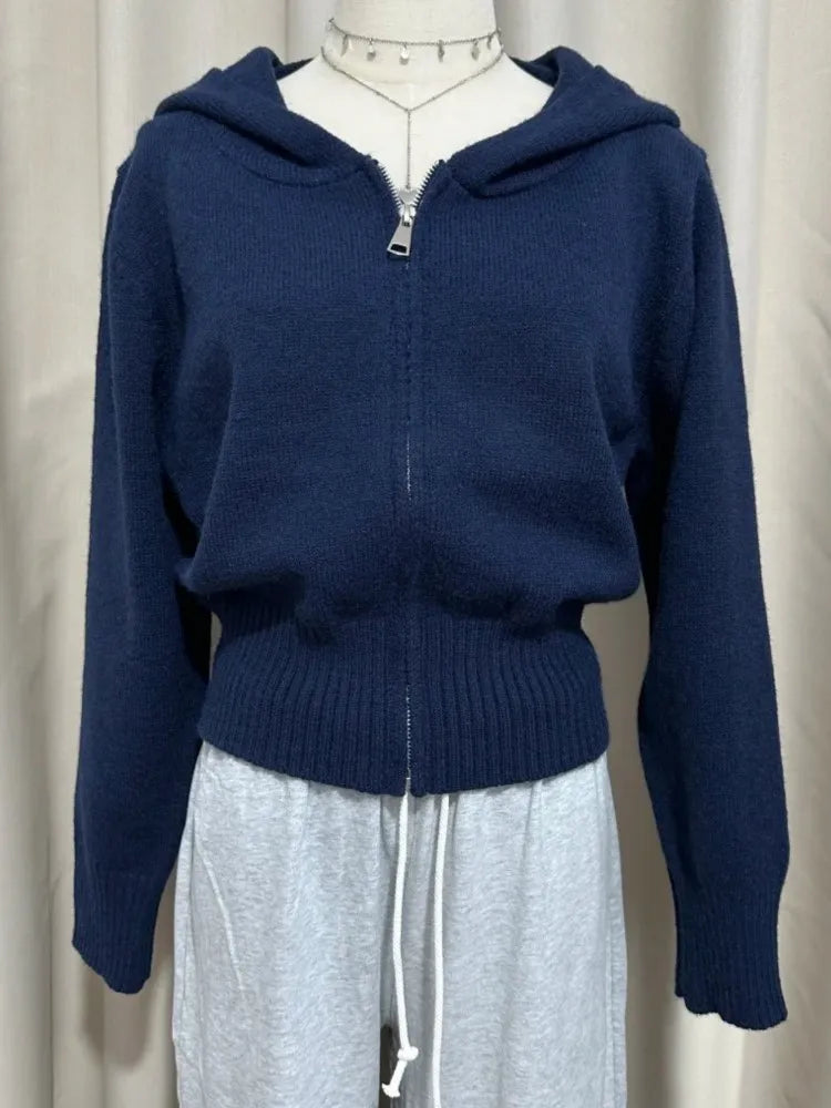 Navy Lambskin Knitted Hooded Sweater Women Autumn New Zip-up Cotton Simple Cropped Coat Chic Sweet Preppy Style Cardigan Tops