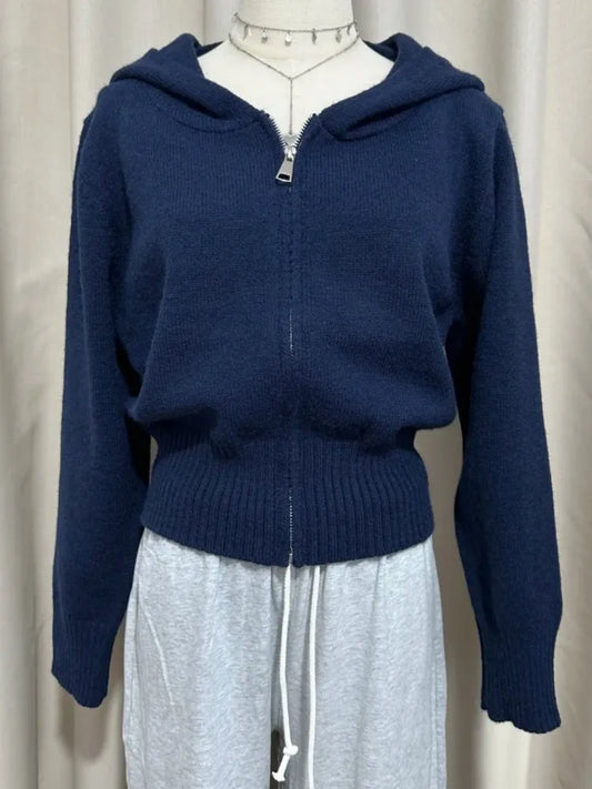 Navy Lambskin Knitted Hooded Sweater Women Autumn New Zip-up Cotton Simple Cropped Coat Chic Sweet Preppy Style Cardigan Tops