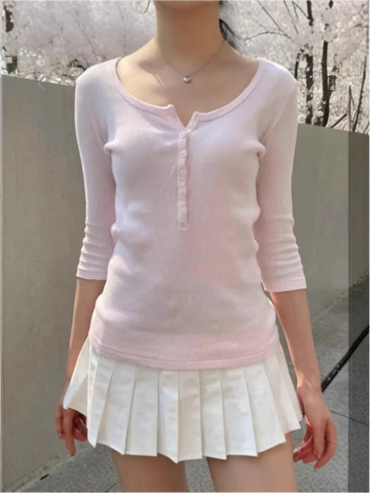 Pink Six Buttons Half Sleeve T-shirts Women New Round Neck Cotton Ribbed Slim Tees Sweet Cute Preppy Style Tshirt Y2k Tops New