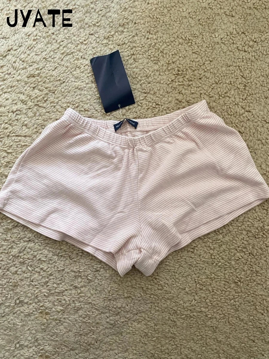 Cute Pink Striped Two Piece Set Women Cotton Slim O-neck T-Shirt With Straight Short Pant Sweet Pajama Tees Shorts 2 Pieces Sets