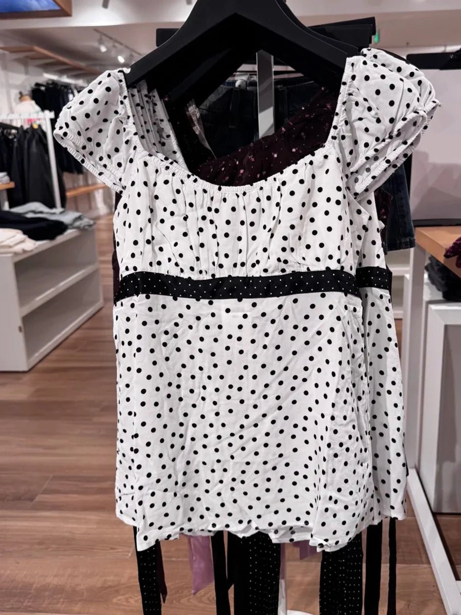 Black Lace Trim Babydoll Top Women Summer New Y2K Casual Slim Lace-up Square Collar Tee Tops Sweet Vintage Preppy Style T-shirts