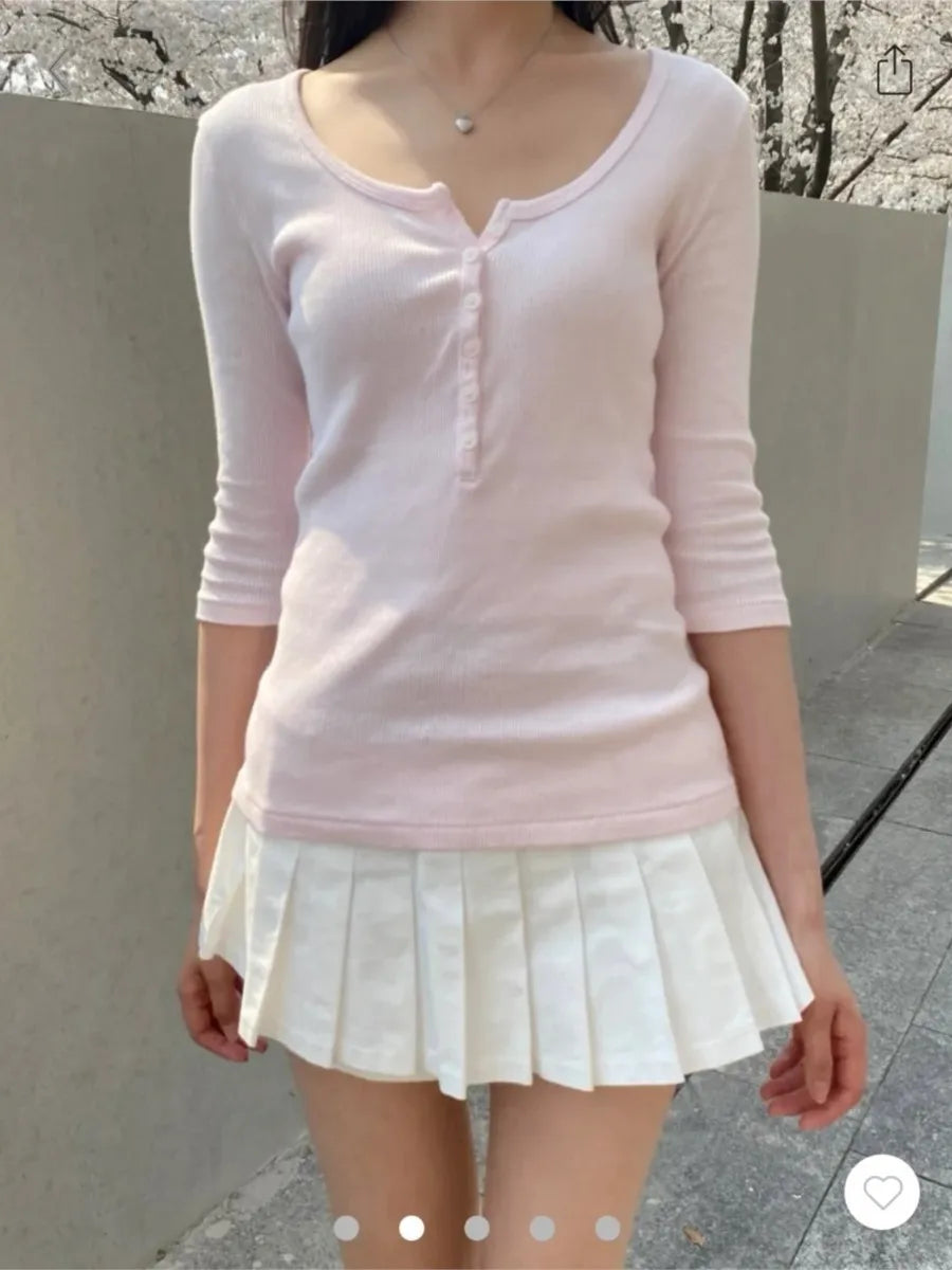 Pink Six Buttons Half Sleeve T-shirts Women New Round Neck Cotton Ribbed Slim Tees Sweet Cute Preppy Style Tshirt Y2k Tops New