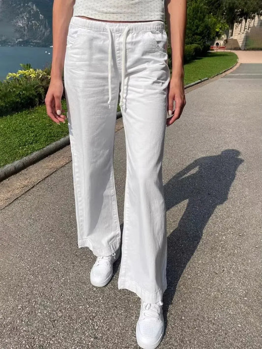 White Drawstring Basic Loose Pants Women Autumn Sexy Low Waist Pockets Straight Long Pant Baggy Streetwear Vintage Trousers Y2K