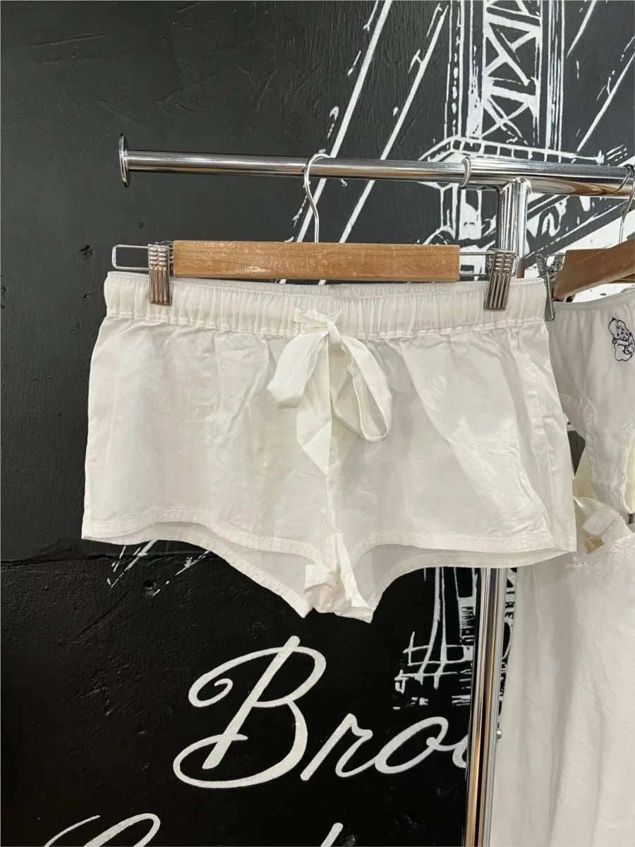Simple White Straight Shorts Women Casual Drawstring Bow Elastic Waist Button Cotton Sweatshorts Home Underwear Sweet Short Pant