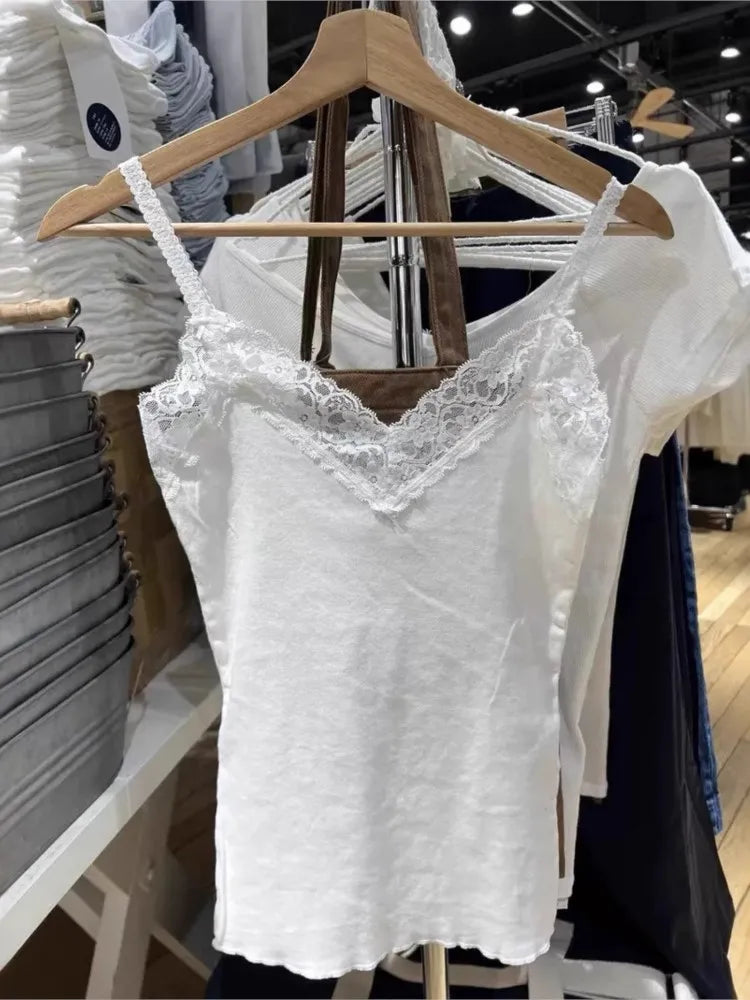 Lace Trim White Sleeveless Tank Tops Women Preppy Style Casual Soft Cotton V-neck Slim  Cropped Vests Basic Sweet Cute Camisole