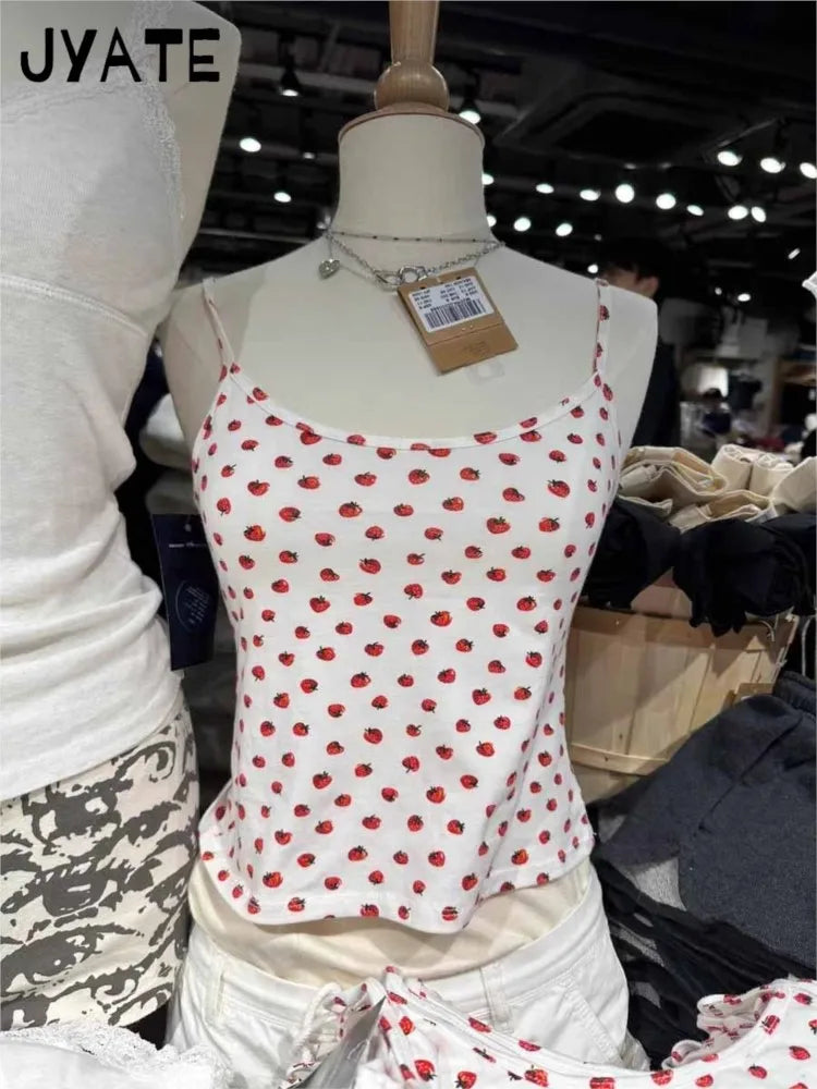Women's New Strawberry Print Tank Tops Summer Cotton Simple Streetwear Casual Slim Sleeveless Vests Sweet Cute Vintage Camis Y2K