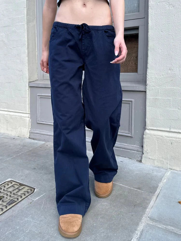Vintage Buttons Loose Pants Women Summer Casual Low Waist Pockets Straight Long Pant Baggy Streetwear Preppy Style Trousers Y2K
