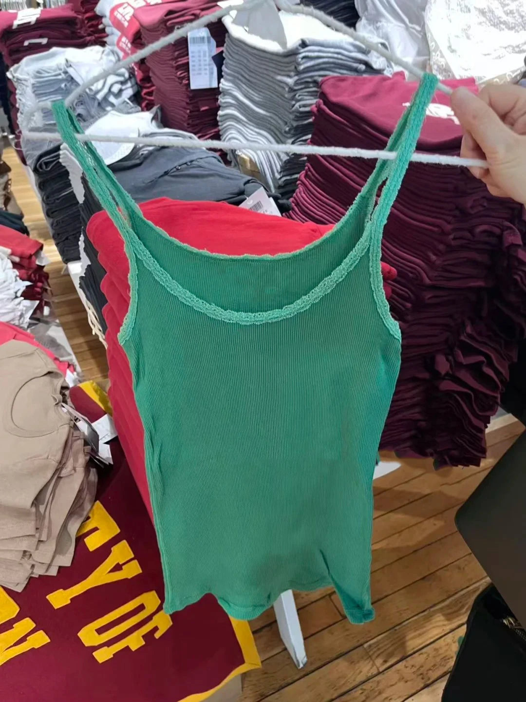 Women's Green Slim Camisole Streetwear Casual Simple Lace Trim Cotton Ribbed Sleeveless Vest Vintage Chic Preppy Style Tank Tops
