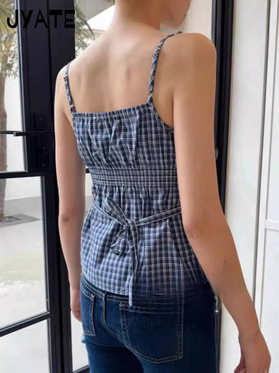 Retro White Lace Trim Blue Plaid Tank Tops Women New Buttons Back Lace-up Sleeveless Vests Vintage Chic Sweet Blouse Camis Y2K