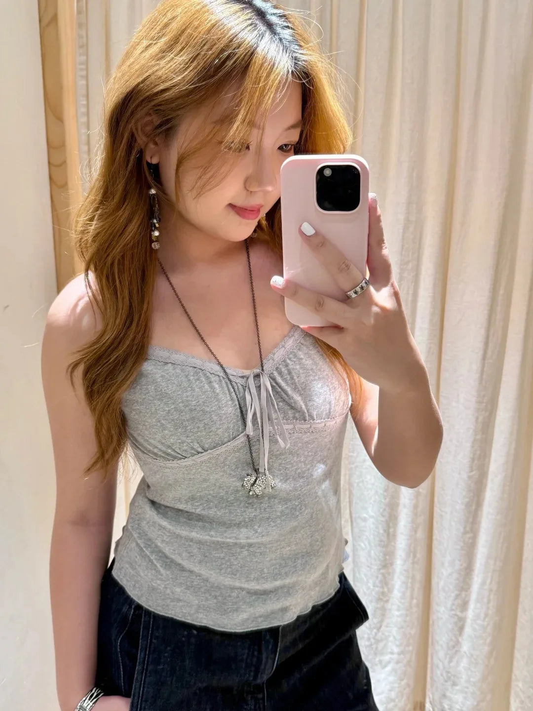 Gray Folds Lace-up V-neck Tank Tops Women Summer Casual Lace Cotton Slim Sleeveless Vests Sweet Cute Preppy Style Camisole