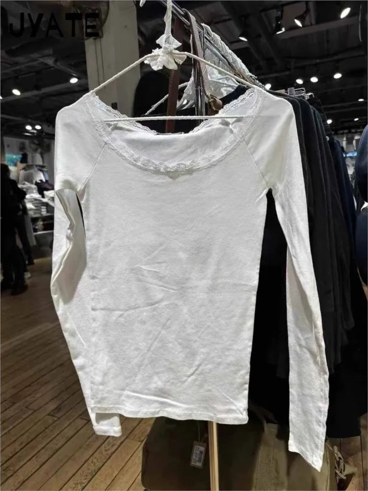 Gray Sexy Slash Neck Cotton Long Sleeve Tees Women New Lace Trim Casual Streetwear Tops Clothes Harajuku Chic Sweet T-shirts Y2K