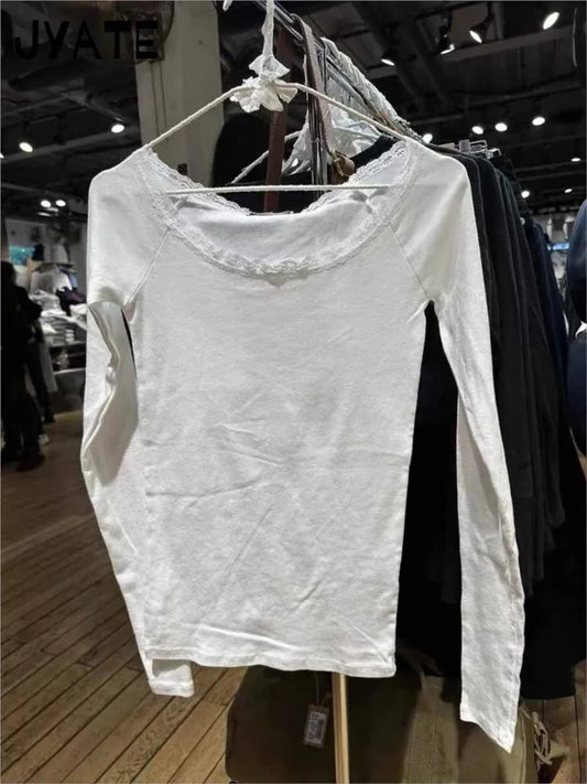 Gray Sexy Slash Neck Cotton Long Sleeve Tees Women New Lace Trim Casual Streetwear Tops Clothes Harajuku Chic Sweet T-shirts Y2K