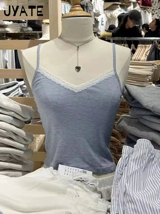 Sexy Lace Trim Cotton V-neck Camisole Women Summer New Blue Striped Casual Slim Sleeveless Vest Sweet Vintage Chic Tank Tops Y2K