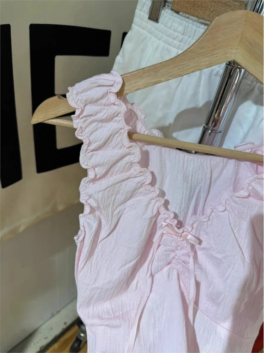 Cute Pink Fungus Trim Slim Tank Tops Women Summer Sleeveless Sexy Bow V-neck Cotton Crop Top Femme Simple Sweet Cute Vests Y2K