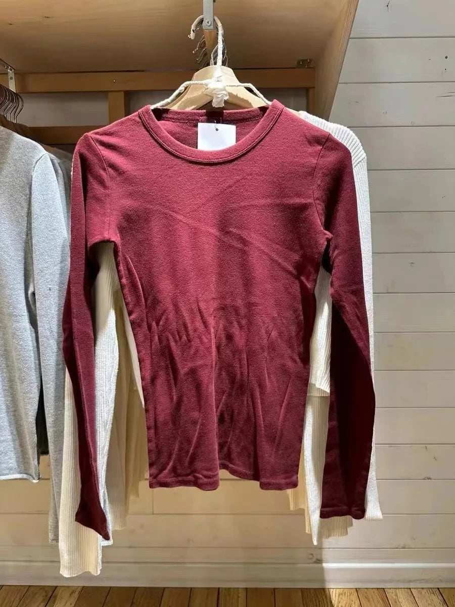Army Green Long Sleeve Tees Women Autumn Simple Chic O-neck Slim Cotton Basic Tee Clothes Streetwear Vintage Casual T-shirts Y2K