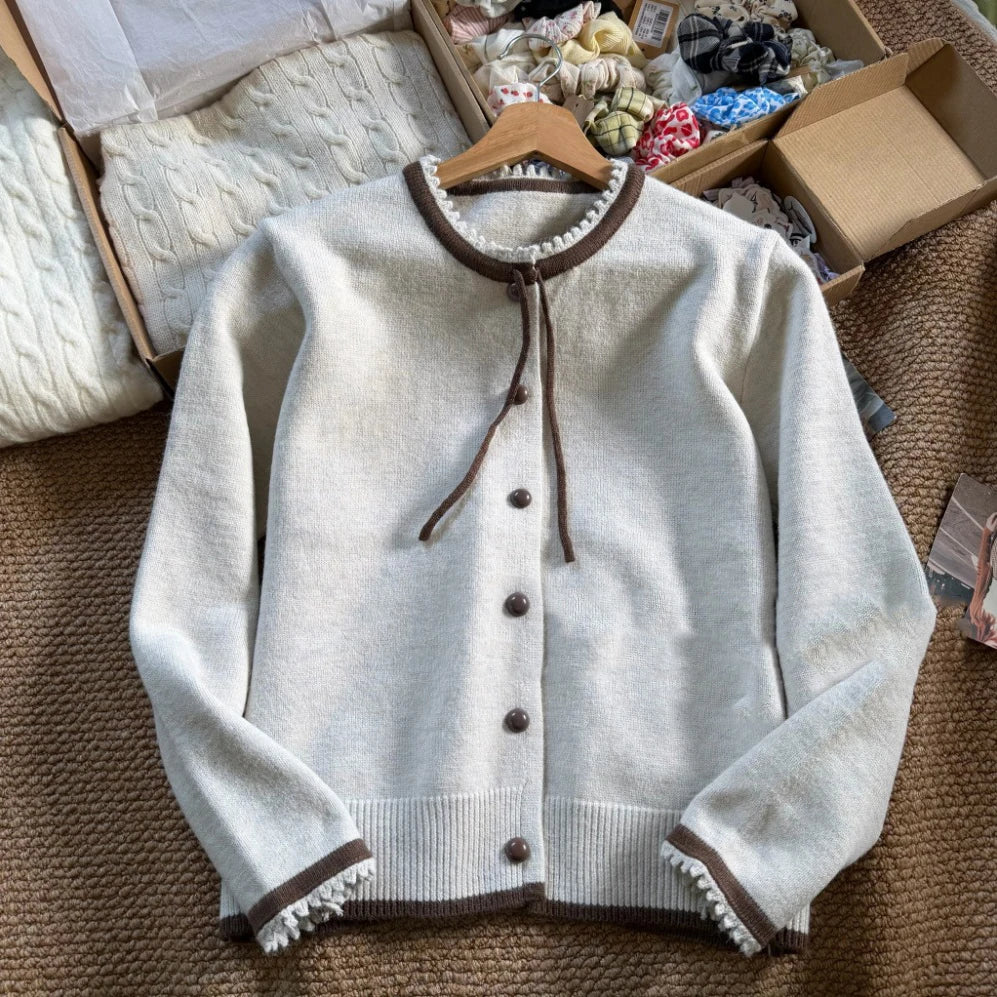 Retro Pattern Loose Knitted Cardigan Women Spring New Casual Versatile Korean Style Long Sleeve Top Sweet Chic Simple Sweater