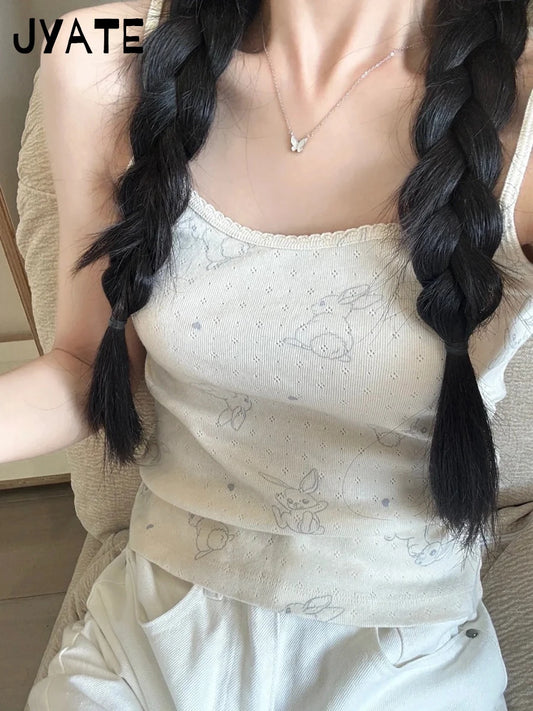 Cute Rabbit Print Eyelet Camisole Women New Cotton Casual Lace Trim Preppy Style Sleeveless Vests Sweet Cozy Pajamas Tank Tops