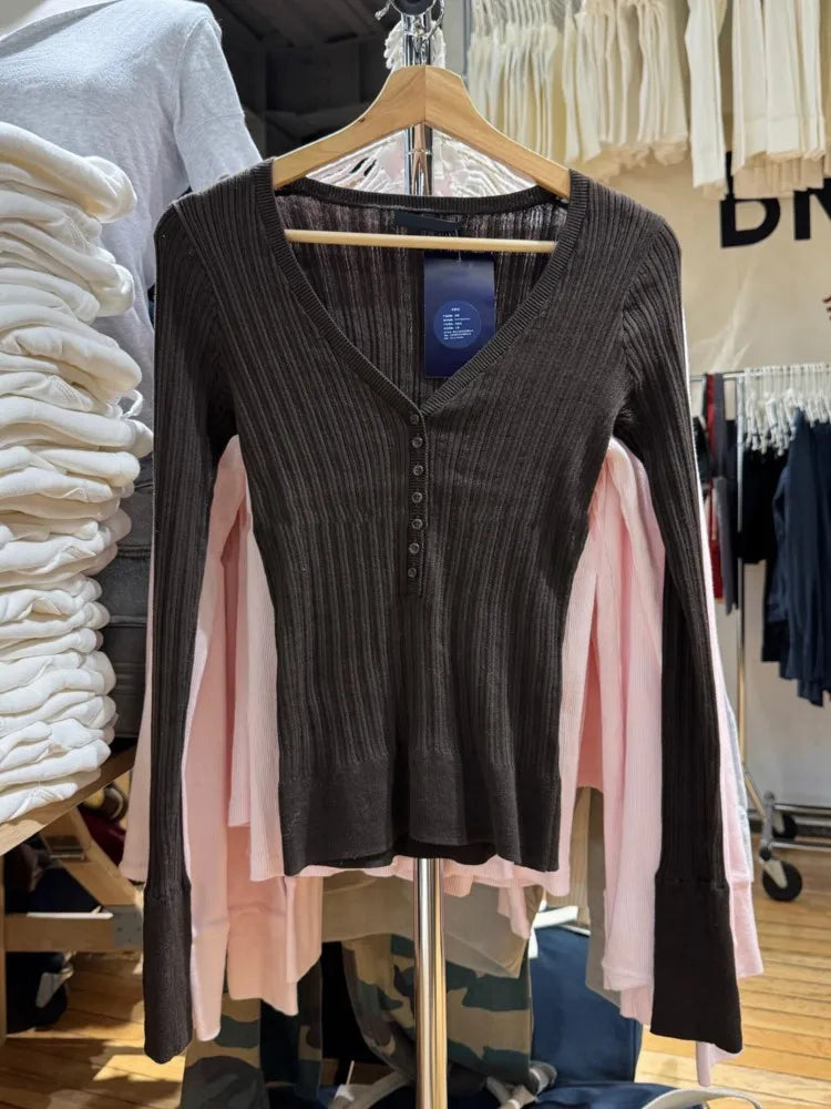 Knitted V-neck T-shirts Women Autumn Buttons Slim