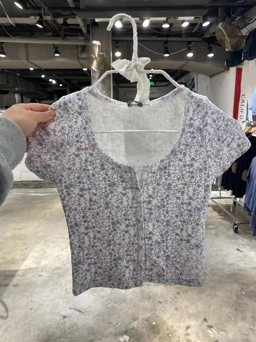 Sweet Floral Print O-neck Cotton Short Sleeve Tee Women New Casual Slim Single-breasted Crop Tops Vintage Cute Chic Y2K T-shirts