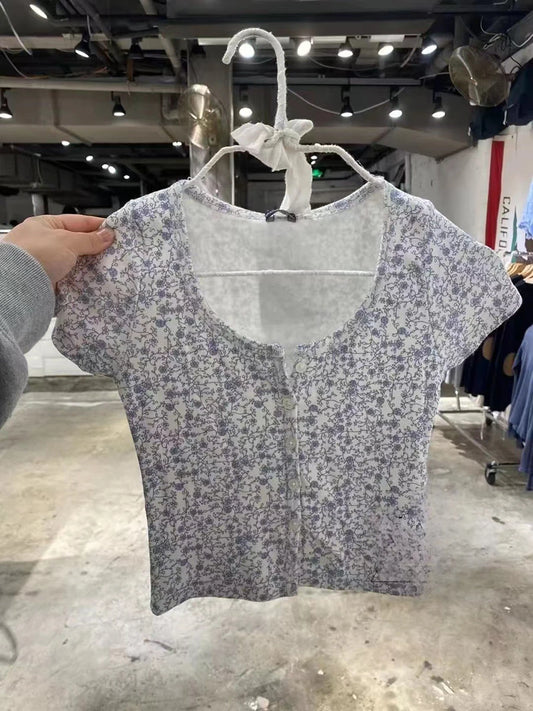Sweet Floral Print O-neck Cotton Short Sleeve Tee Women New Casual Slim Single-breasted Crop Tops Vintage Cute Chic Y2K T-shirts