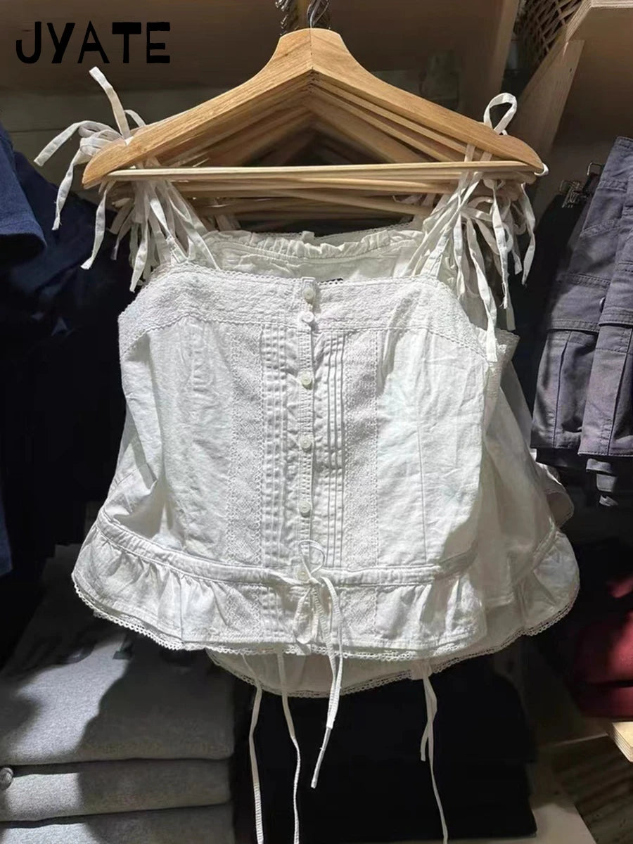 White Buttons Slim Sleeveless Vests Women New Casual Cotton Lace Drawstring Hem Cropped Camis Sweet Cute Vintage Crop Tops Y2K