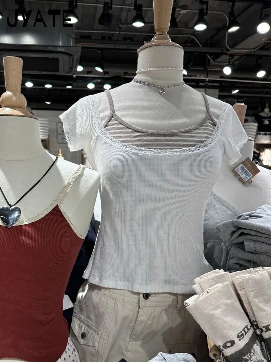 Lace Trim Square Neck Short Sleeve Tees Women New Cotton Casual Sexy Slim Simple Crop Tops Sweet Cute Vintage Basic T-shirts Y2K
