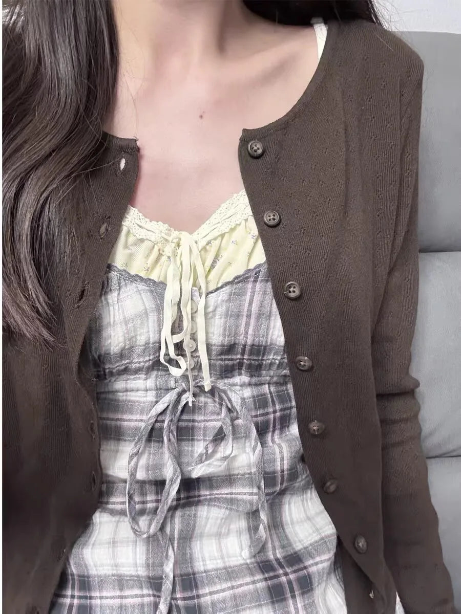 Brown Eyelet Knitted Cardigan Women Autumn New Casual Cotton Long Sleeve Sweater Coat Female Vintage Simple Basic Sweaters Tops
