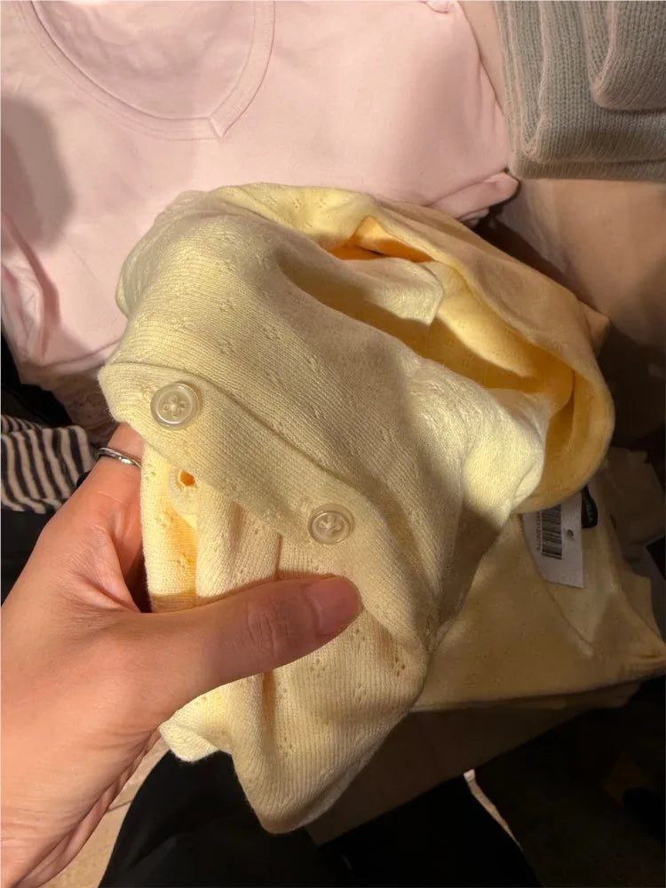 Yellow Eyelet Knitted Cardigan Tops Women Autumn New Casual Cotton Long Sleeve Sweater Sweet Cute Preppy Style T-shirts Coat