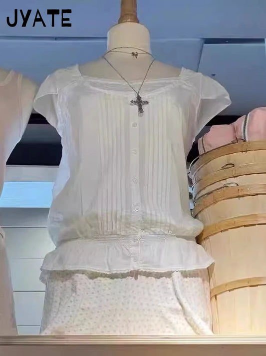 White Folds Buttons Short Sleeve Tees Women New Casual U-neck Lace Trim Streetwear Shirt Tops Sweet Chic Preppy Style T-shirts