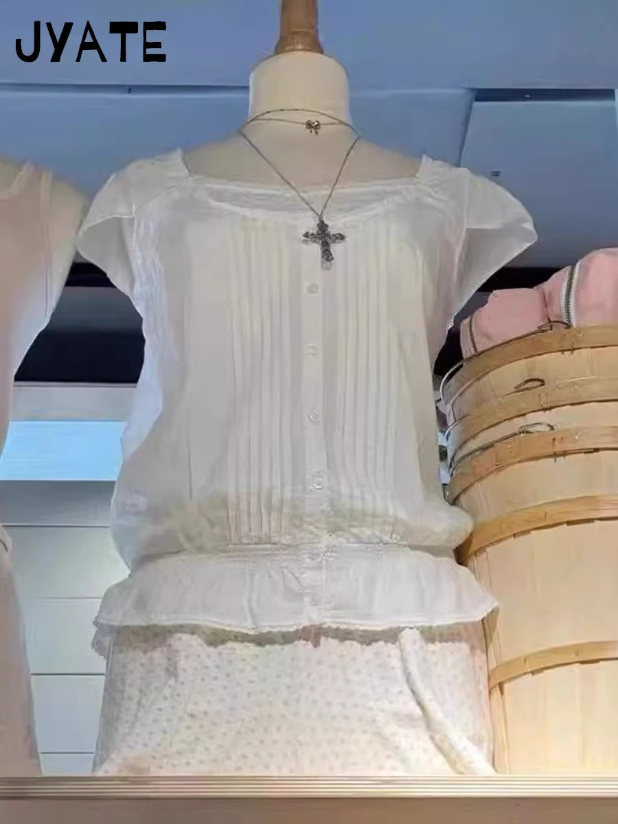 White Lace Trim Buttons Short Sleeve Tee Women Cotton Casual V-neck Preppy Style Tops Sweet Vintage Chic Cute T-shirts