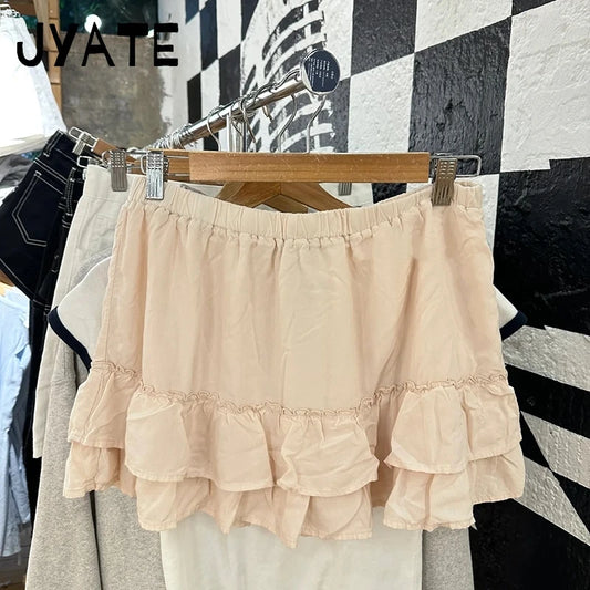 Sweet Pink Ruffles A-line Skirts Women Summer New Cotton Elastic High Waist Short Faldas Preppy Style Cute Casual Mini Skirt Y2K