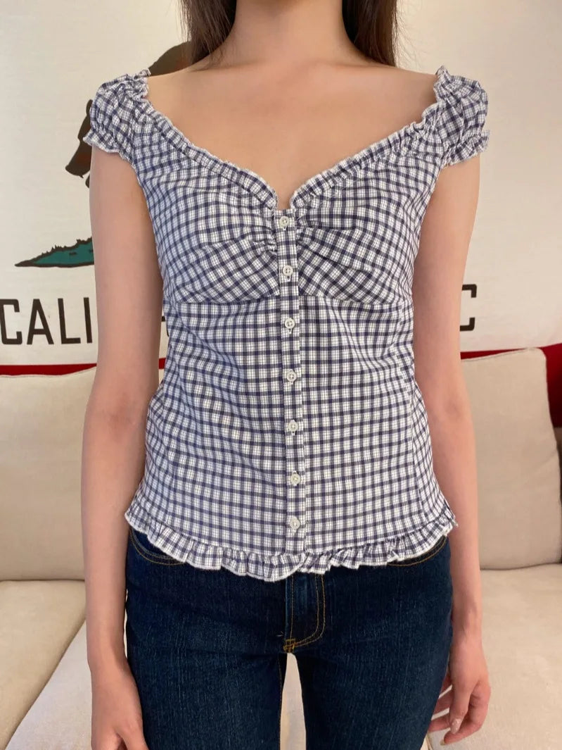Blue Striped Folds Blouse Top Women New Casual Single Breasted Ruffle Sleeveless Tank Tops Vest Sweet Preppy Style Camisole Y2K