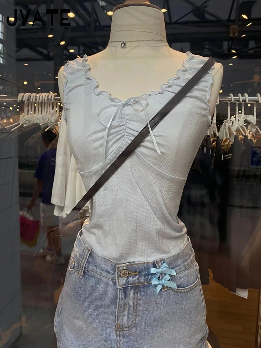 Sweet Blue Ruffles V-neck Cropped Vests Women Summer Casual Slim Folds Bow Sleeveless Tank Tops Sweet Preppy Style Camisole Y2K
