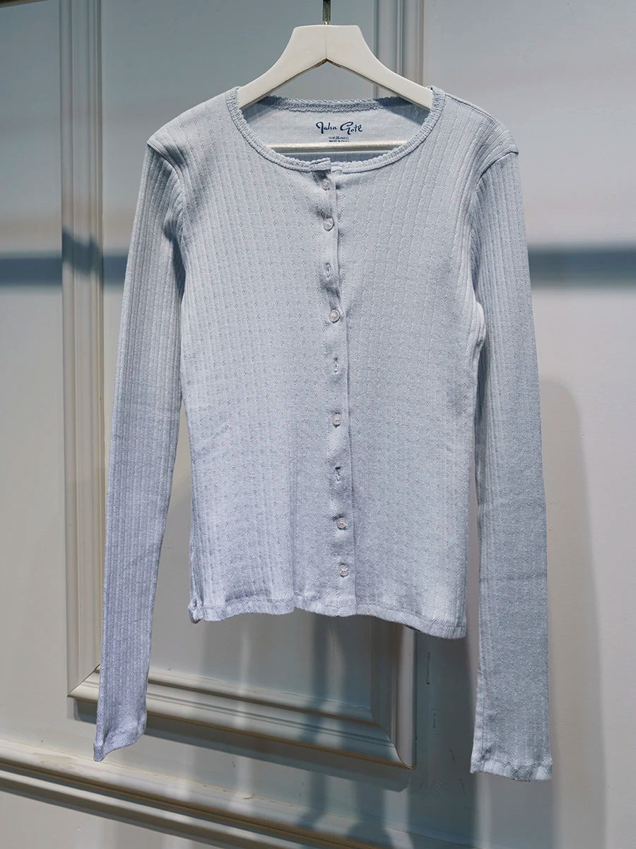 Eyelet Slim Single Breasted T-shirt Women Autumn Preppy Style O-neck Cotton Long Sleeve Tee Shirts Cute Vintage Sweet Tops Y2K