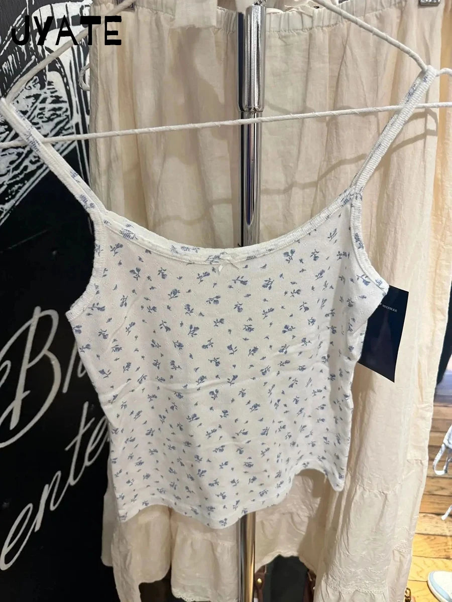Chic Blue Floral Print Bow Sleeveless Vests Women New Cotton Soft Casual Slim Cropped Camisole Sweet Cute Vintage Tank Tops Y2K