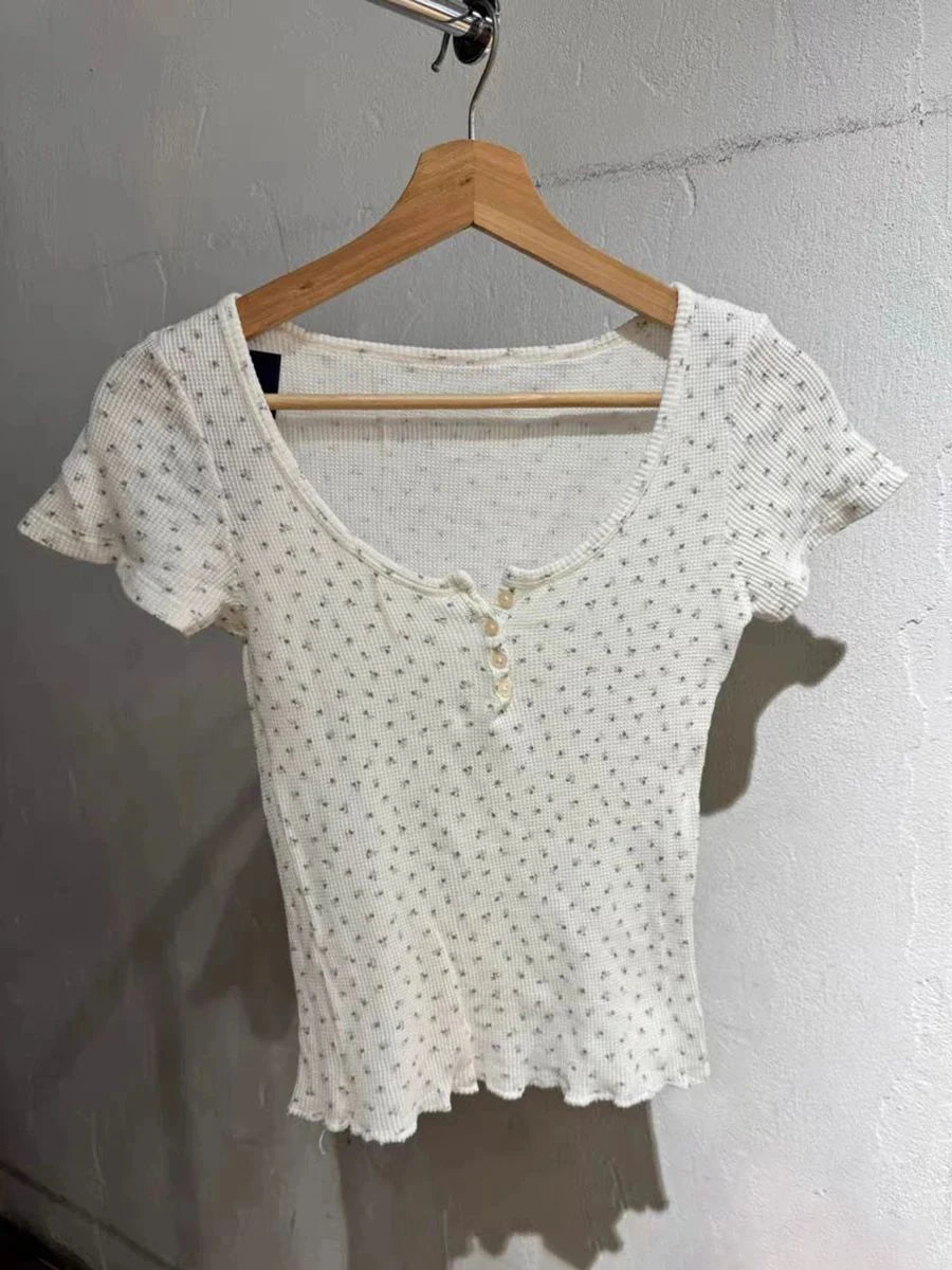 Sweet Eyelet Floral T-shirts Women Summer Casual Cotton Buttons Slim O-neck Short Sleeve Tees Cute Preppy Style Crop Tops Y2K