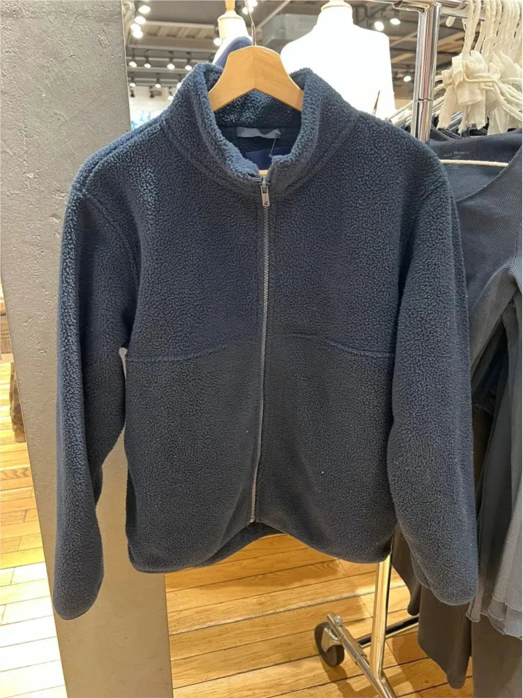 Navy Lambskin Cropped Zipper Thick Coats Women Autumn Turn Down Collar Preppy Style Jacket Simple Streetwear Chic Outerwear