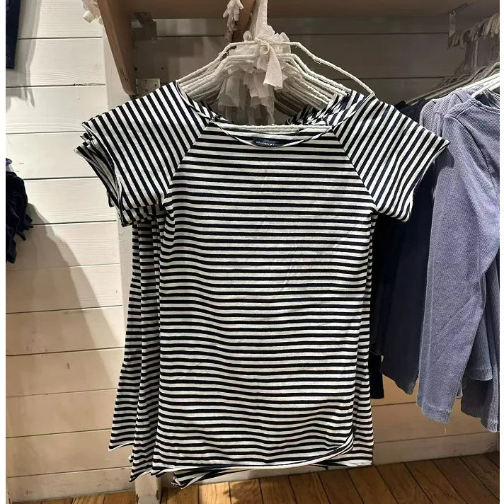 Slash Neck Navy Striped T-shirt Women Summer Raw Hem Slim Cotton Short Sleeve Tees Female Vintage Chic Tshirt Y2K Tops New